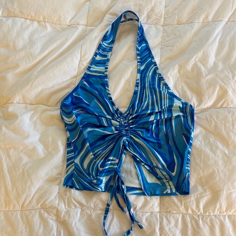 BLUE SWIRL TIE UP HALTER TOP